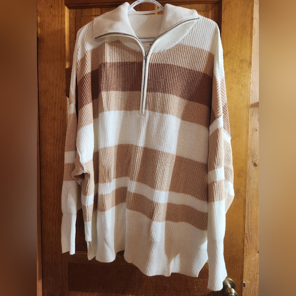 Striped Tan and Cream Women's Sweater - Picture 1 of 8